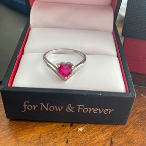 Heart-Shaped Created Ruby & Diamond Chevron Ring in Sterling Silver